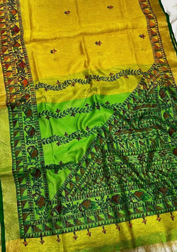 Hand-Painted Madhubani Saree with Fish, Floral Vines, and Geometric Border Motifs