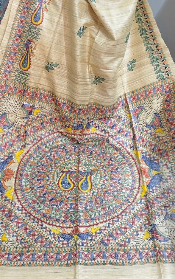 Hand-Painted Madhubani Saree with Peacock and Bird Motifs