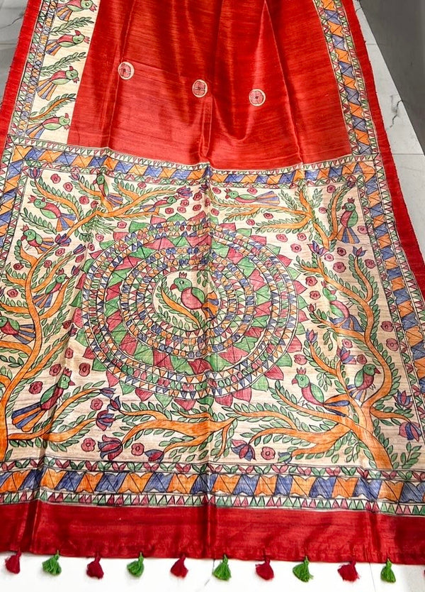 Hand-Painted Madhubani Saree with Tree of Life and Mandala Motifs