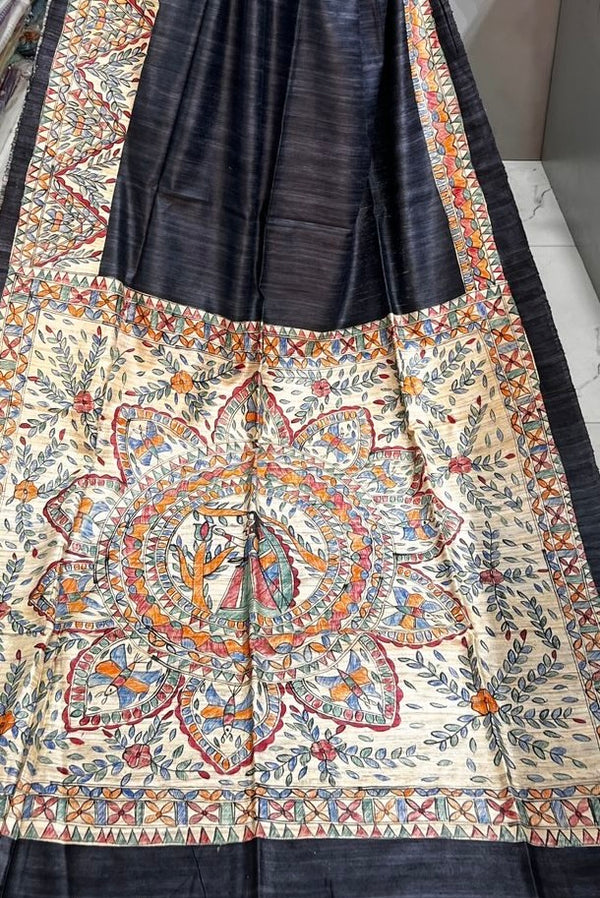 Hand-Painted Madhubani Saree with Mandala and Floral Vine Motifs