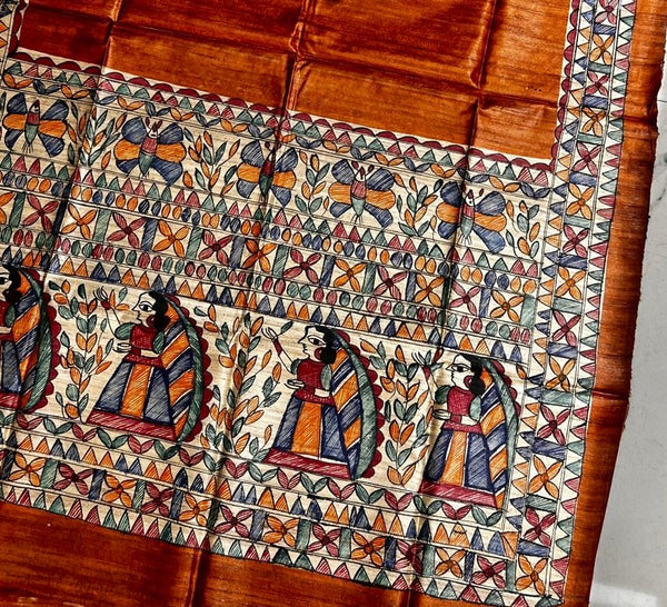 Hand-Painted Madhubani Women & Floral Motif Rust Tussar Ghicha Silk Dupatta