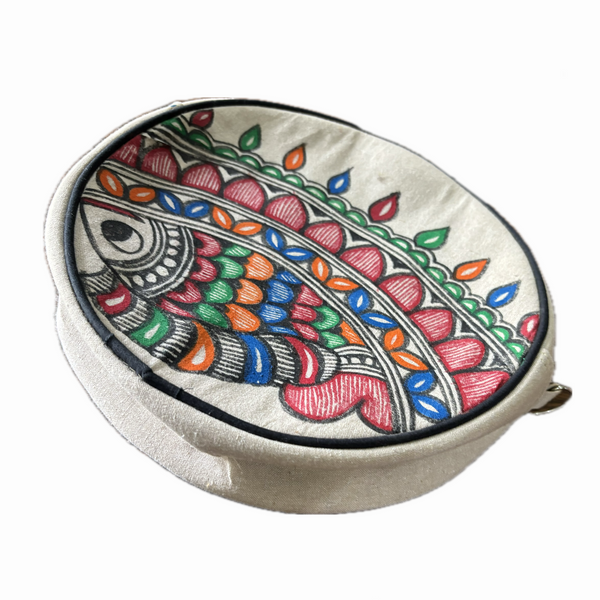 Madhubani painting round sling handbag with fish eye
