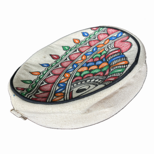 Madhubani painting round sling handbag with fish eye