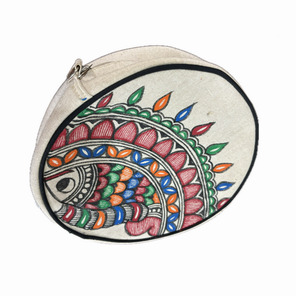 Madhubani painting round sling handbag with fish eye