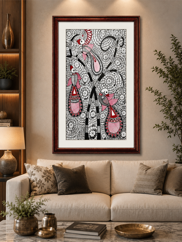 Handmade Madhubani Birds on Tree Painting