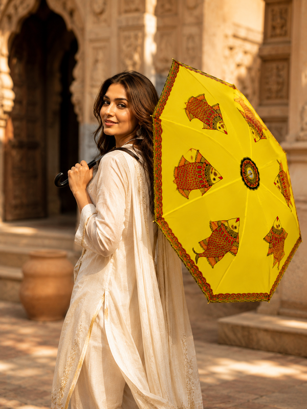 Hand-Painted Madhubani Fish Art Umbrella – Yellow | Waterproof Traditional Mithila Umbrella