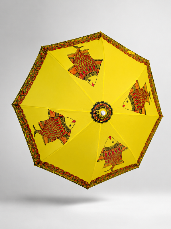 Hand-Painted Madhubani Fish Art Umbrella – Yellow | Waterproof Traditional Mithila Umbrella