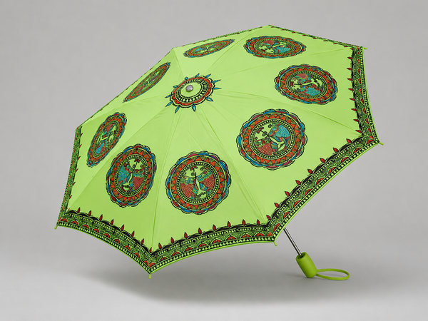 Hand-Painted Madhubani Folk Musician Umbrella – Lime Green | Traditional Mithila Art Waterproof Umbrella