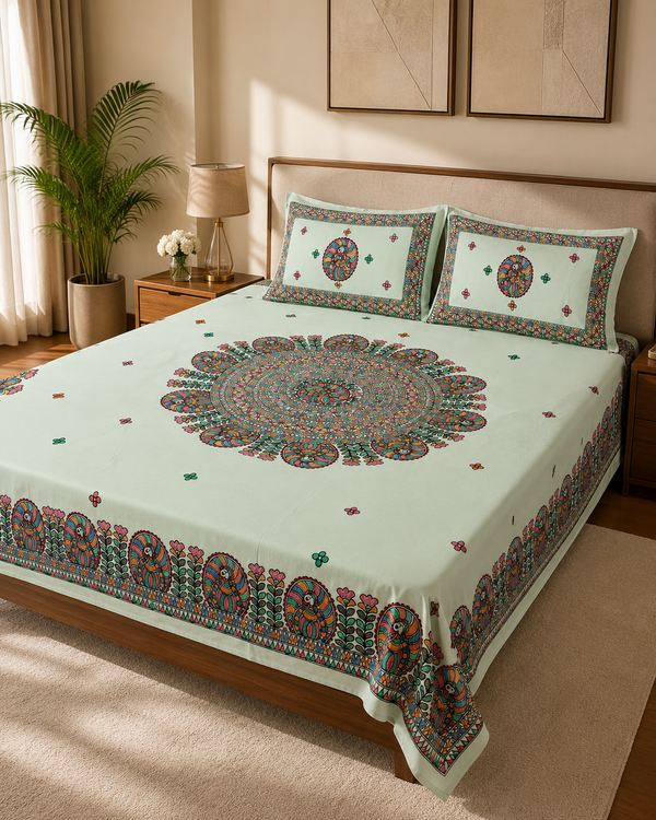 Luxury Madhubani Cotton Bedsheet with 2 Matching Pillow Covers