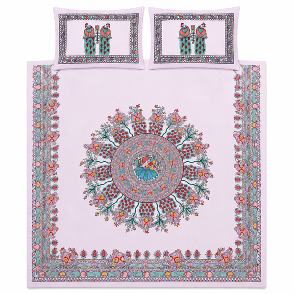 Luxury Hand-Painted Madhubani Peacock Bedsheet with Matching Pillow Covers