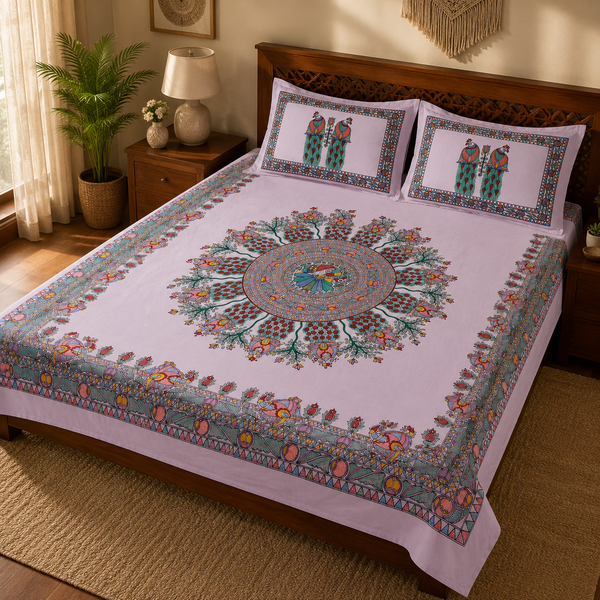 Luxury Hand-Painted Madhubani Peacock Bedsheet with Matching Pillow Covers