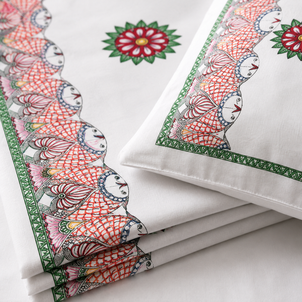Luxury Hand-Painted Madhubani Bedsheet with Matching Pillow Covers