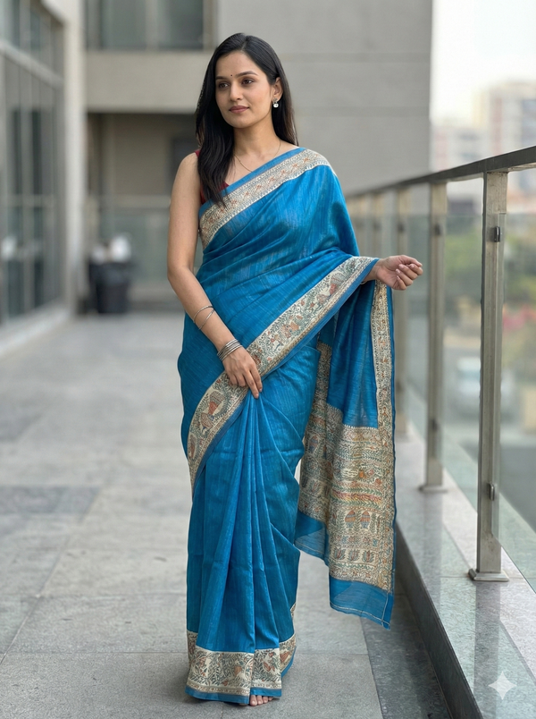 Hand-Painted Madhubani Saree with Kalash, Bird, and Floral Motifs
