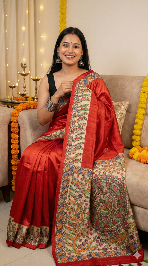 Hand-Painted Madhubani Saree with Tree of Life and Bird Motifs