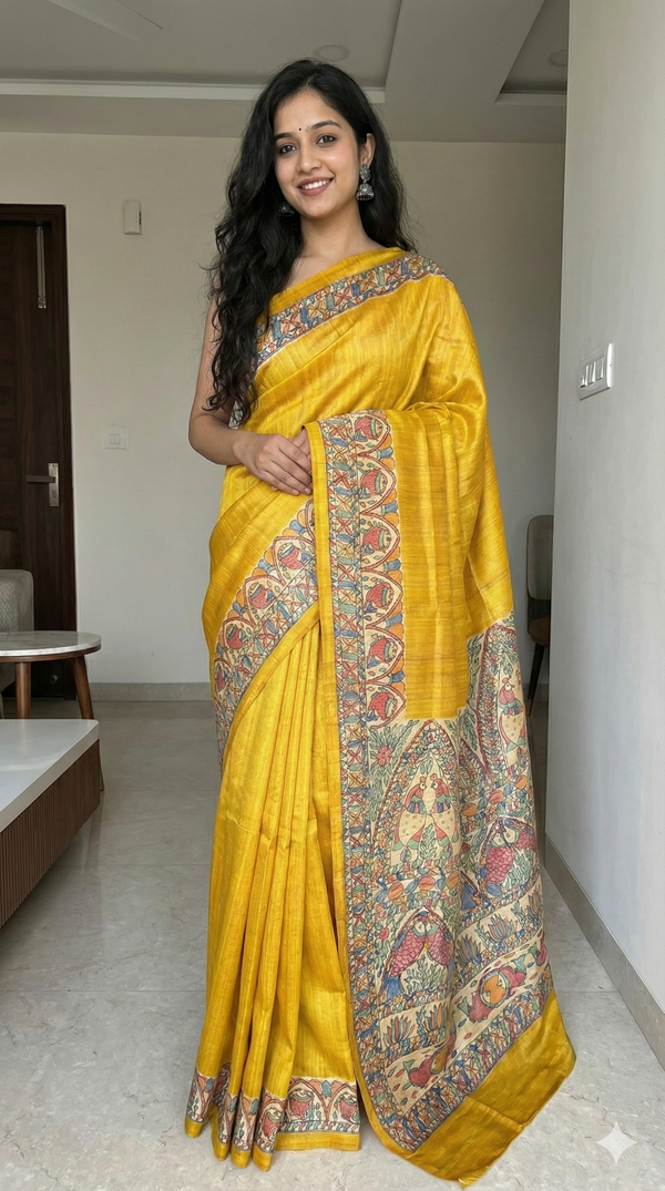 Hand-Painted Madhubani Saree with Peacock, Fish, and Floral Motifs
