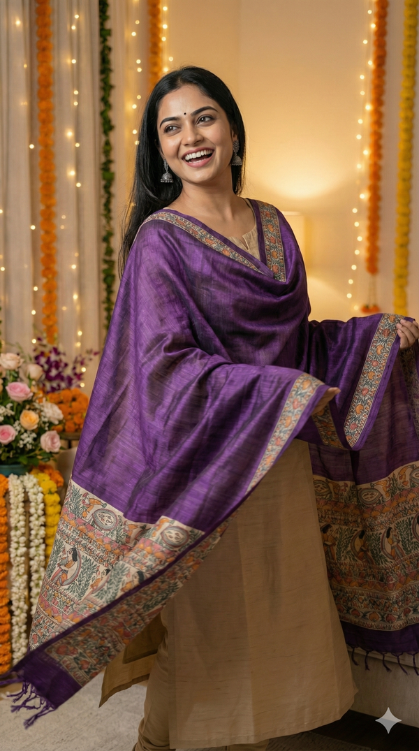 Hand-Painted Madhubani Women & Bird Motif Purple Tussar Ghicha Silk Dupatta