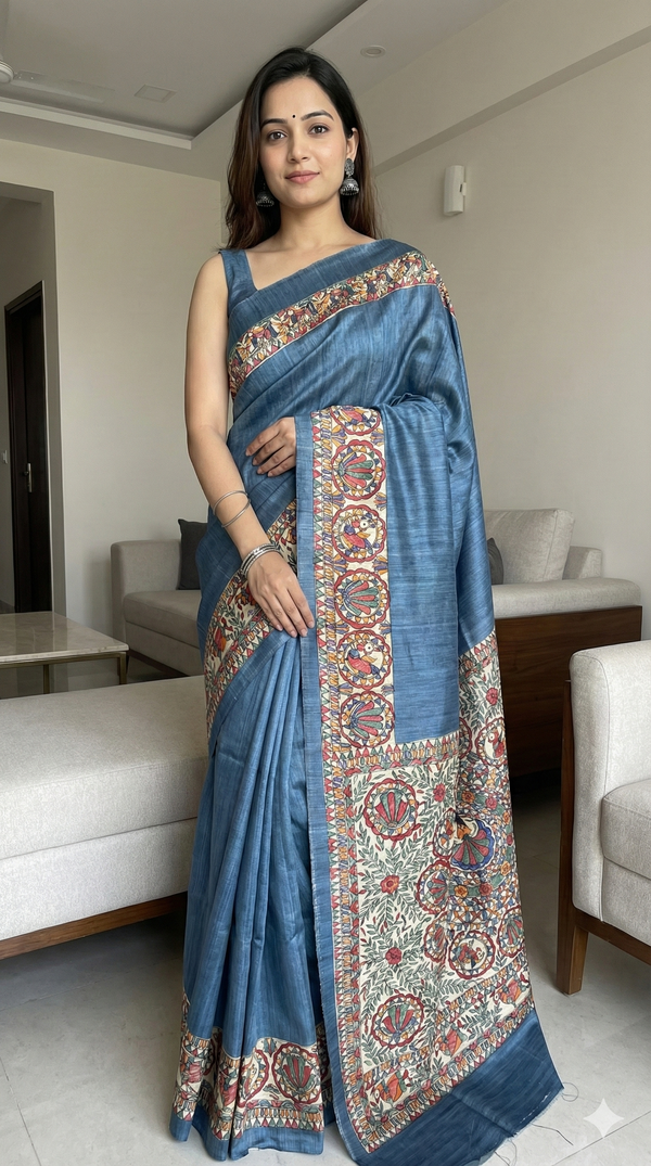 Hand-Painted Madhubani Saree with Mandala and Bird Motifs