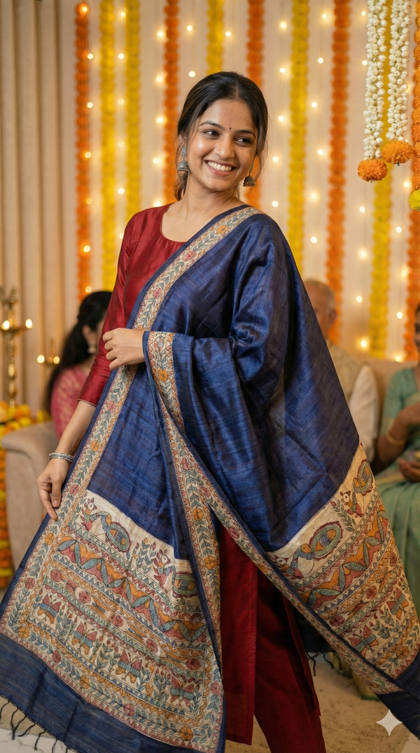 Hand-Painted Madhubani Fish & Bird Motif Indigo Blue Tussar Ghicha Silk Dupatta