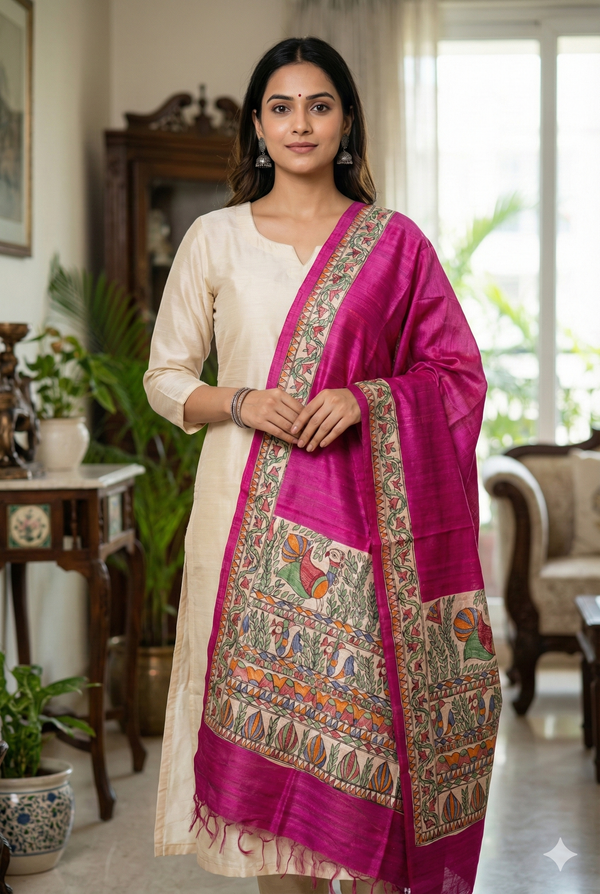Hand-Painted Madhubani Bird & Foliage Motif Magenta Tussar Ghicha Silk Dupatta