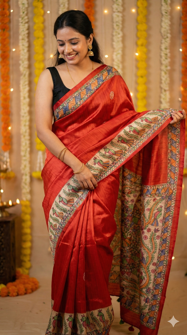 Hand-Painted Madhubani Saree with Tree of Life and Mandala Motifs