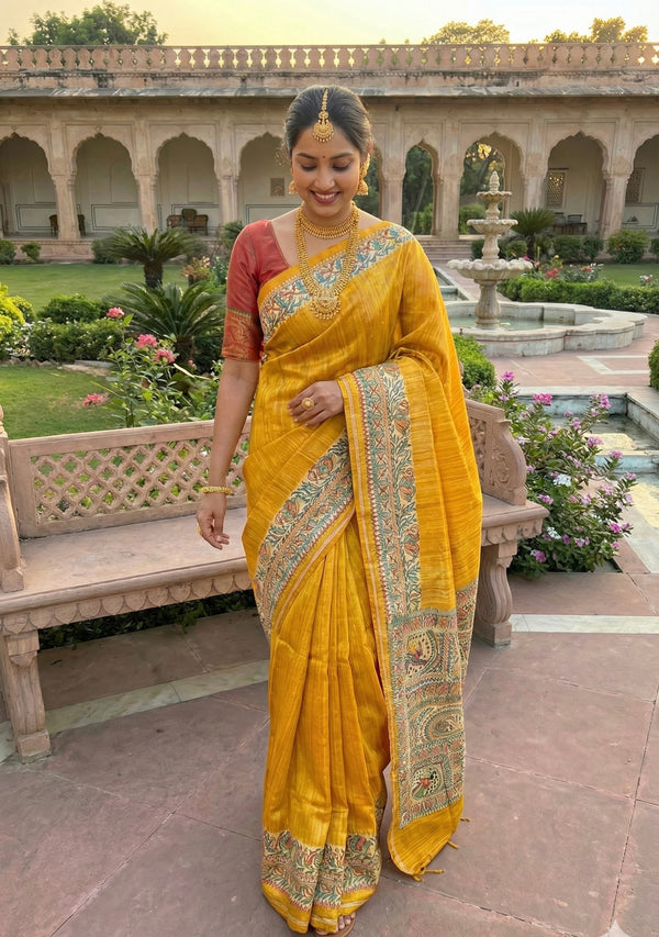 Hand-Painted Madhubani Saree with Peacock, Floral, and Geometric Motifs