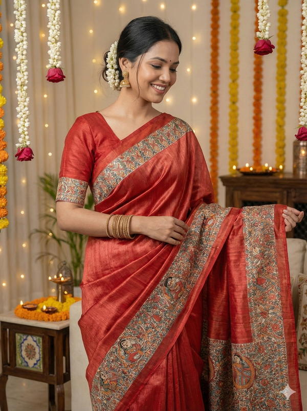 Hand-Painted Madhubani Saree with Mithila Vivaah and Floral Motifs