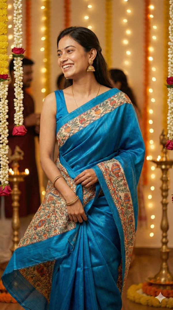 Hand-Painted Madhubani Saree with Mithila Vivaah, Fish, and Floral Motifs