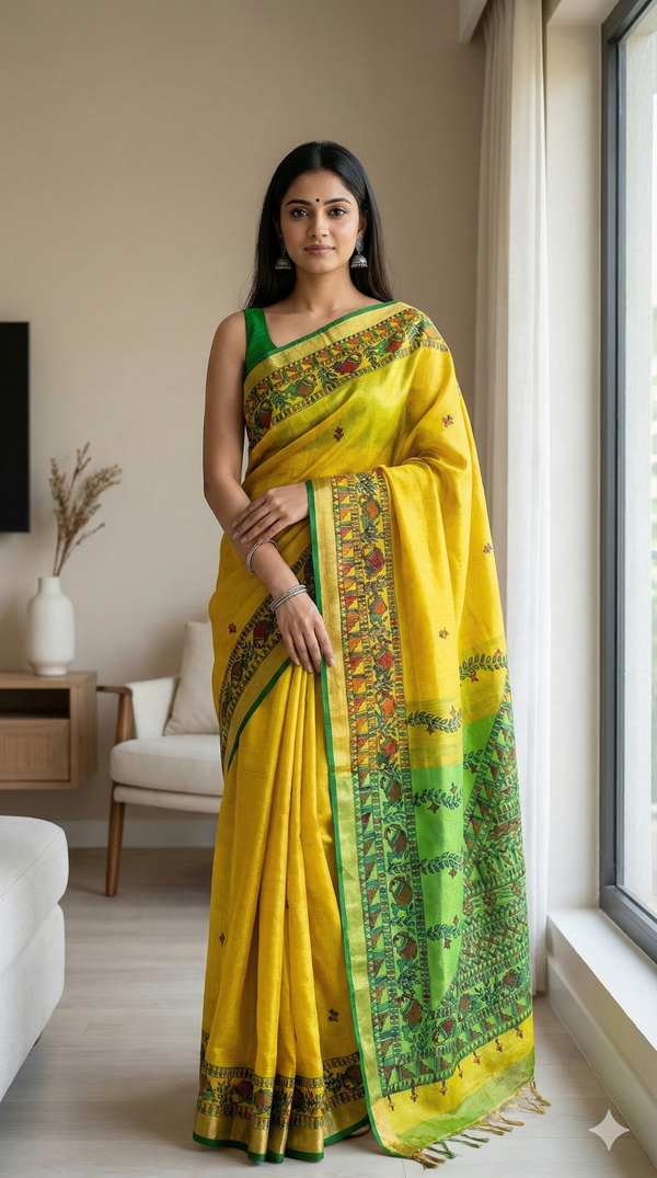 Hand-Painted Madhubani Saree with Fish, Floral Vines, and Geometric Border Motifs