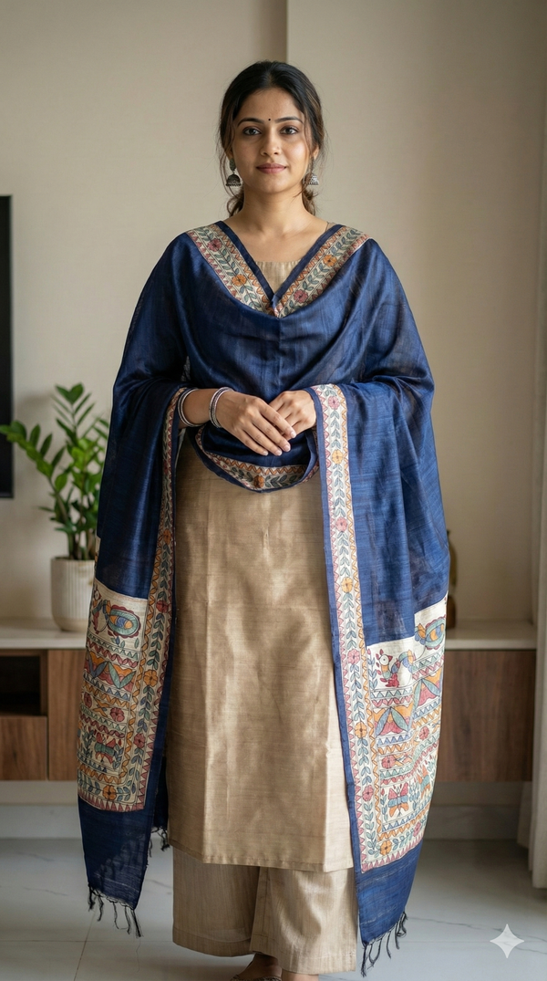 Hand-Painted Madhubani Fish & Bird Motif Indigo Blue Tussar Ghicha Silk Dupatta