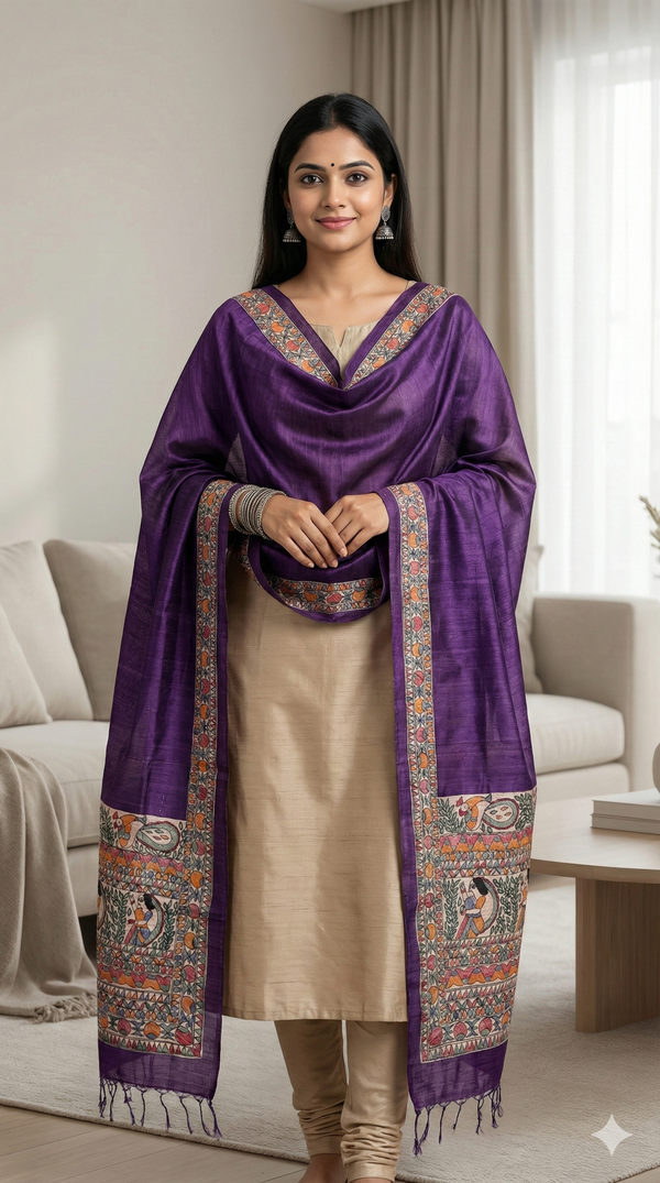 Hand-Painted Madhubani Women & Bird Motif Purple Tussar Ghicha Silk Dupatta