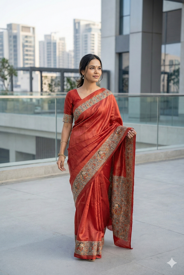 Hand-Painted Madhubani Saree with Mithila Vivaah and Floral Motifs