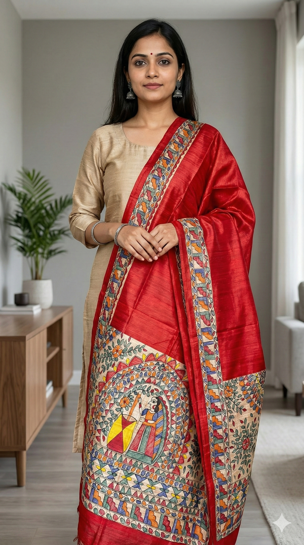 Hand-Painted Madhubani Radha–Krishna Motif Red Tussar Ghicha Silk Dupatta