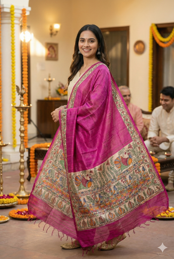 Hand-Painted Madhubani Bird & Foliage Motif Magenta Tussar Ghicha Silk Dupatta
