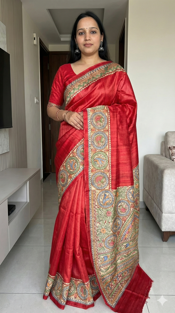 Hand-Painted Madhubani Saree with Bird Medallion and Floral Vine Motifs