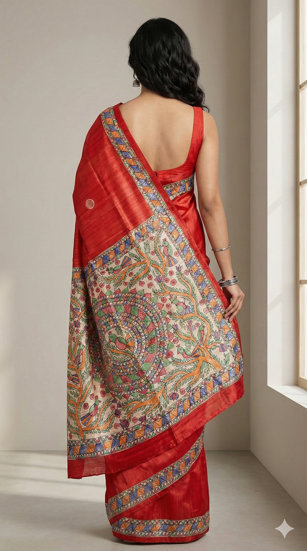 Hand-Painted Madhubani Saree with Tree of Life and Mandala Motifs