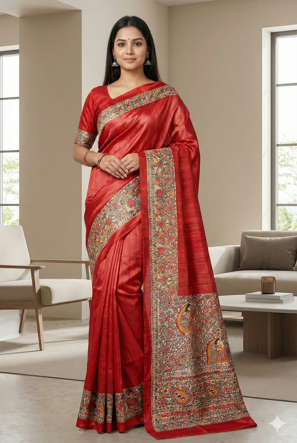 Hand-Painted Madhubani Saree with Mithila Vivaah and Floral Motifs