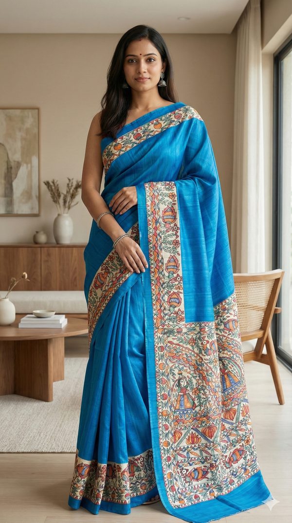 Hand-Painted Madhubani Saree with Mithila Vivaah, Fish, and Floral Motifs