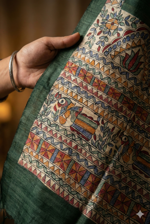 Hand-Painted Madhubani Fish & Lotus Motif Olive Green Tussar Ghicha Silk Dupatta