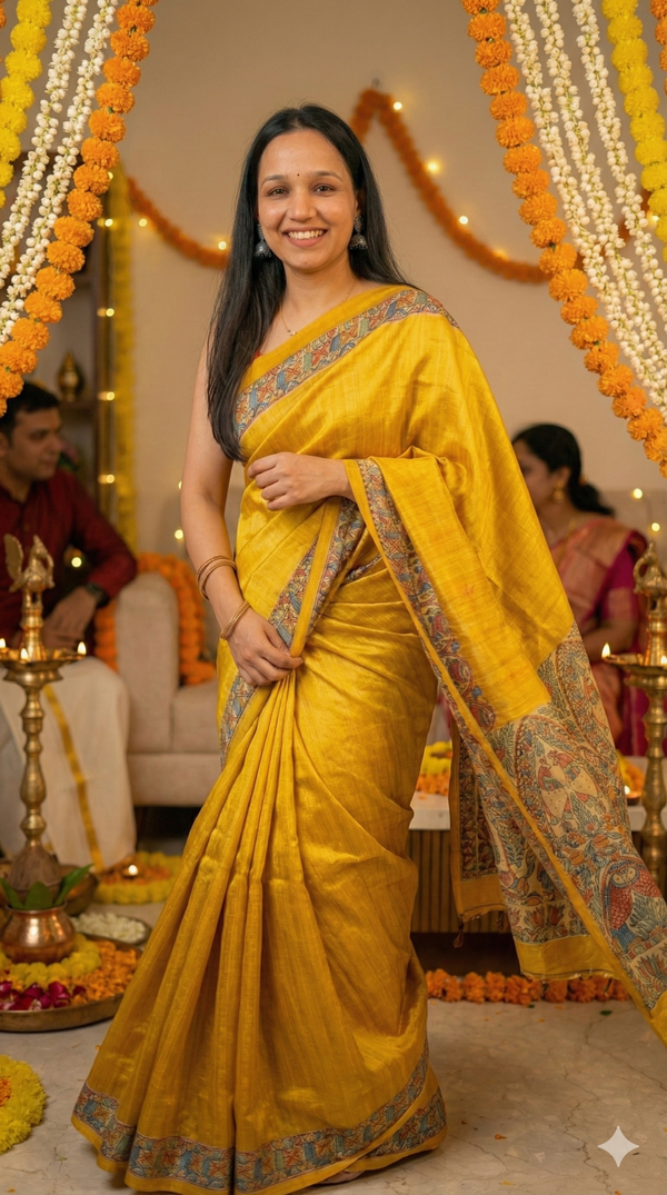 Hand-Painted Madhubani Saree with Peacock, Fish, and Floral Motifs