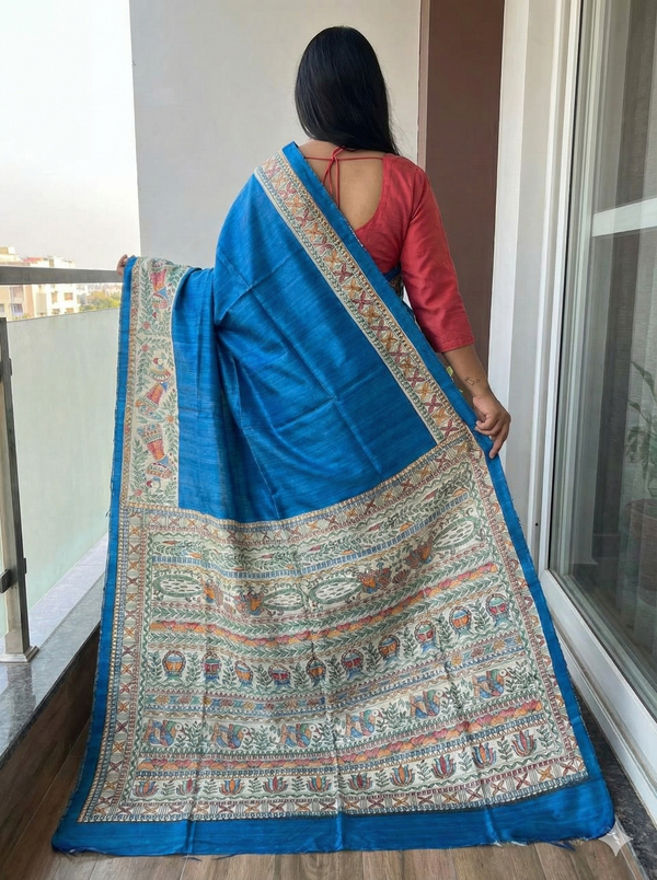 Hand-Painted Madhubani Saree with Kalash, Bird, and Floral Motifs