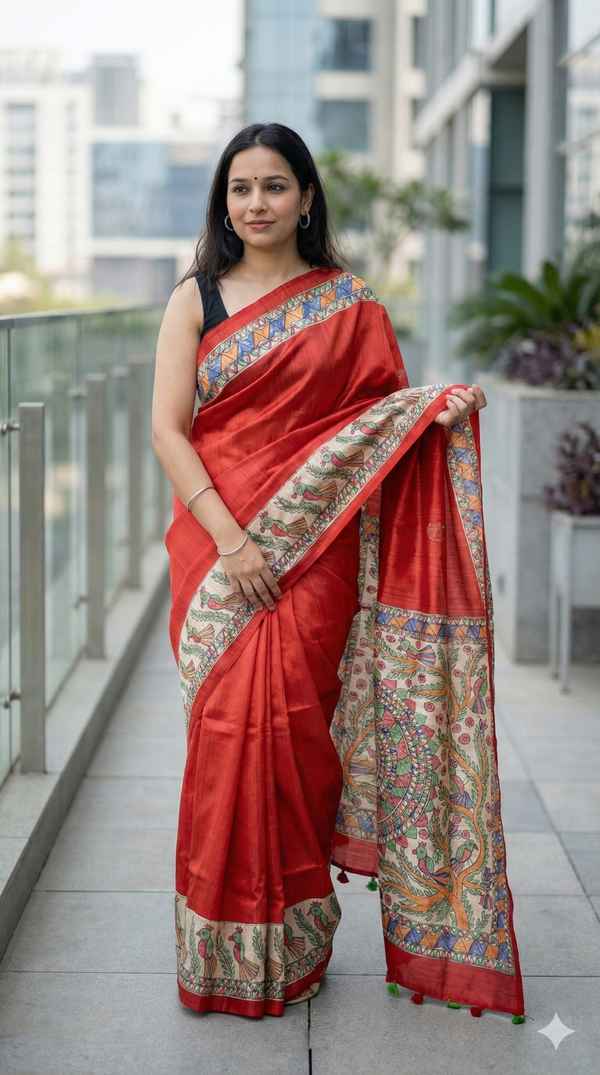 Hand-Painted Madhubani Saree with Tree of Life and Bird Motifs