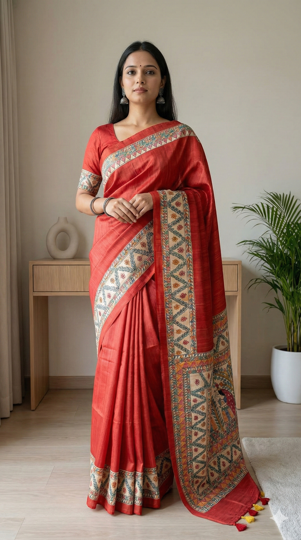 Hand-Painted Madhubani painting saree with Radha–Krishna and floral border motifs