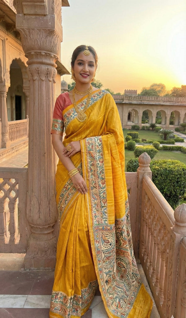 Hand-Painted Madhubani Saree with Peacock, Floral, and Geometric Motifs