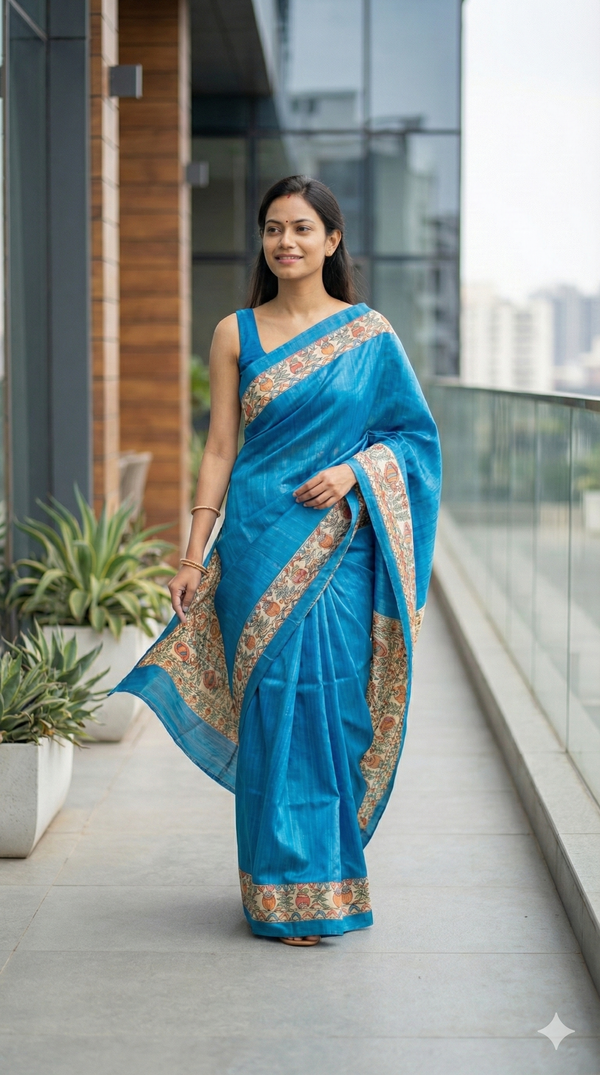 Hand-Painted Madhubani Saree with Mithila Vivaah, Fish, and Floral Motifs