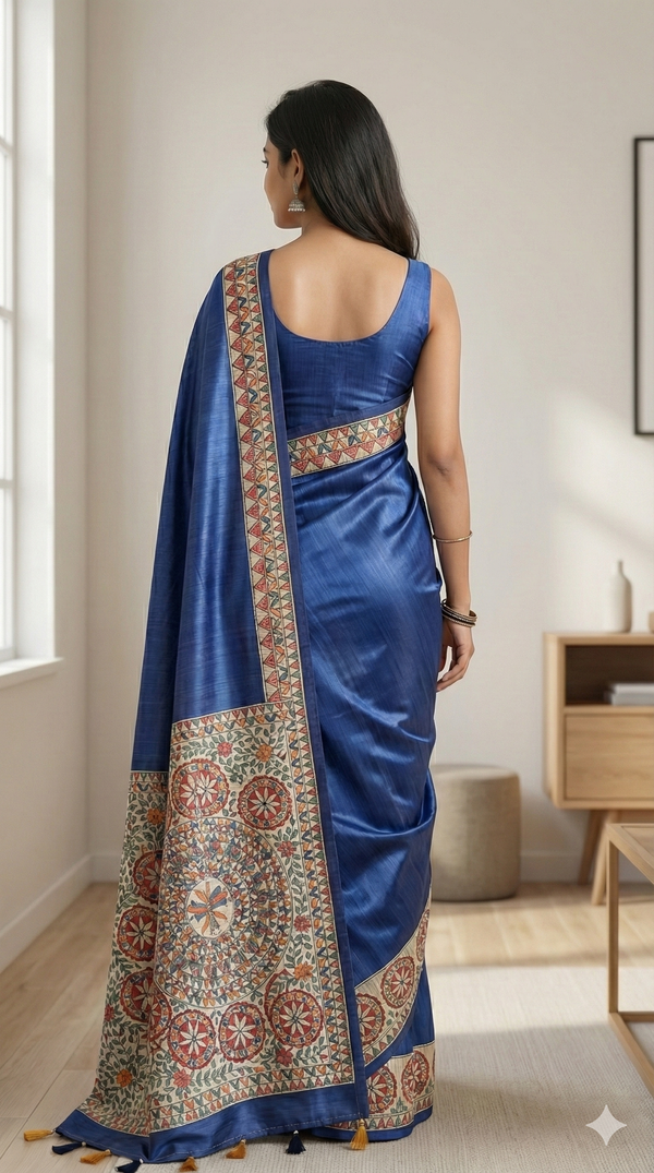 Hand-Painted Madhubani Saree with Mandala and Floral Medallion Motifs