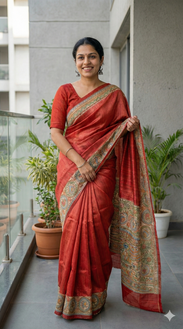 Hand-Painted Madhubani Saree with Bird Medallion and Floral Vine Motifs