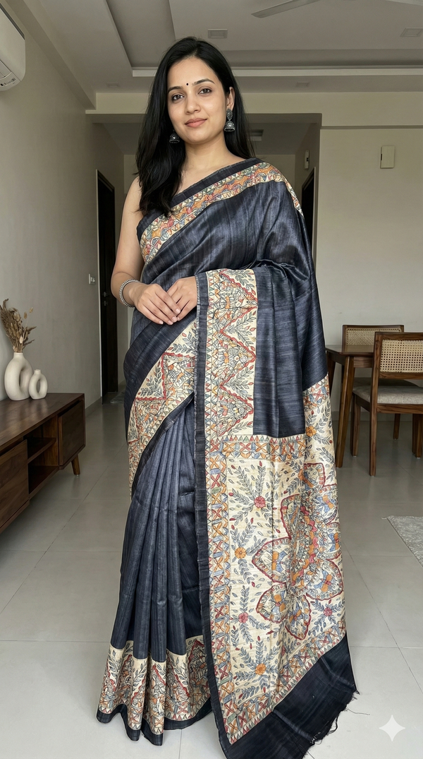 Hand-Painted Madhubani Saree with Mandala and Floral Vine Motifs