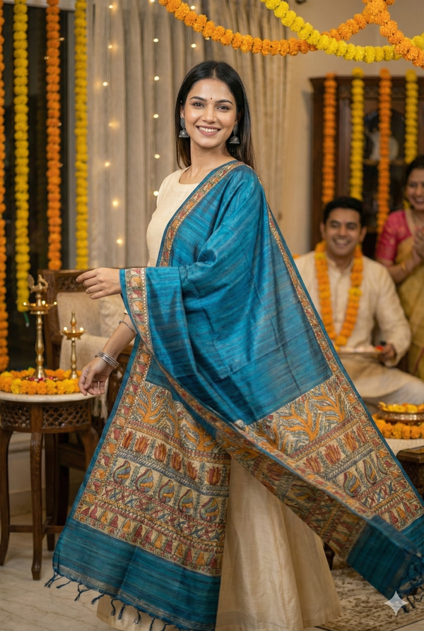 Hand-Painted Madhubani Tree & Bird Motif Teal Blue Tussar Ghicha Silk Dupatta