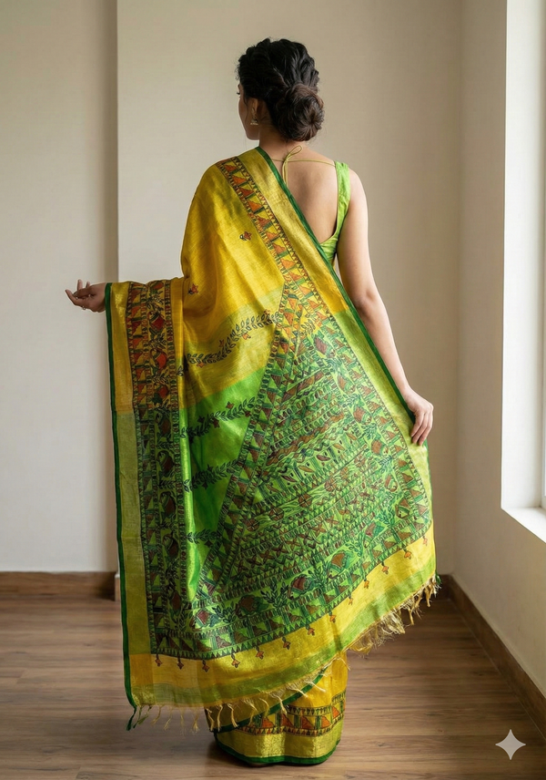 Hand-Painted Madhubani Saree with Fish, Floral Vines, and Geometric Border Motifs