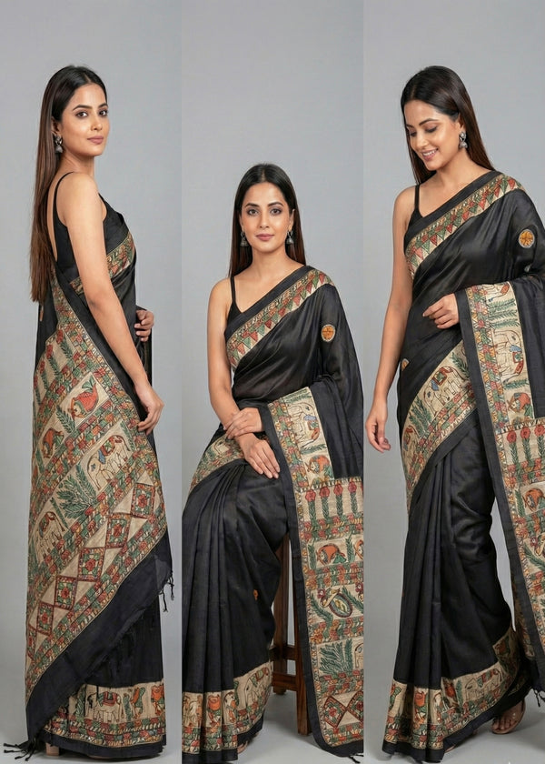 Hand-Painted Madhubani Saree with Elephant and Fish Motifs